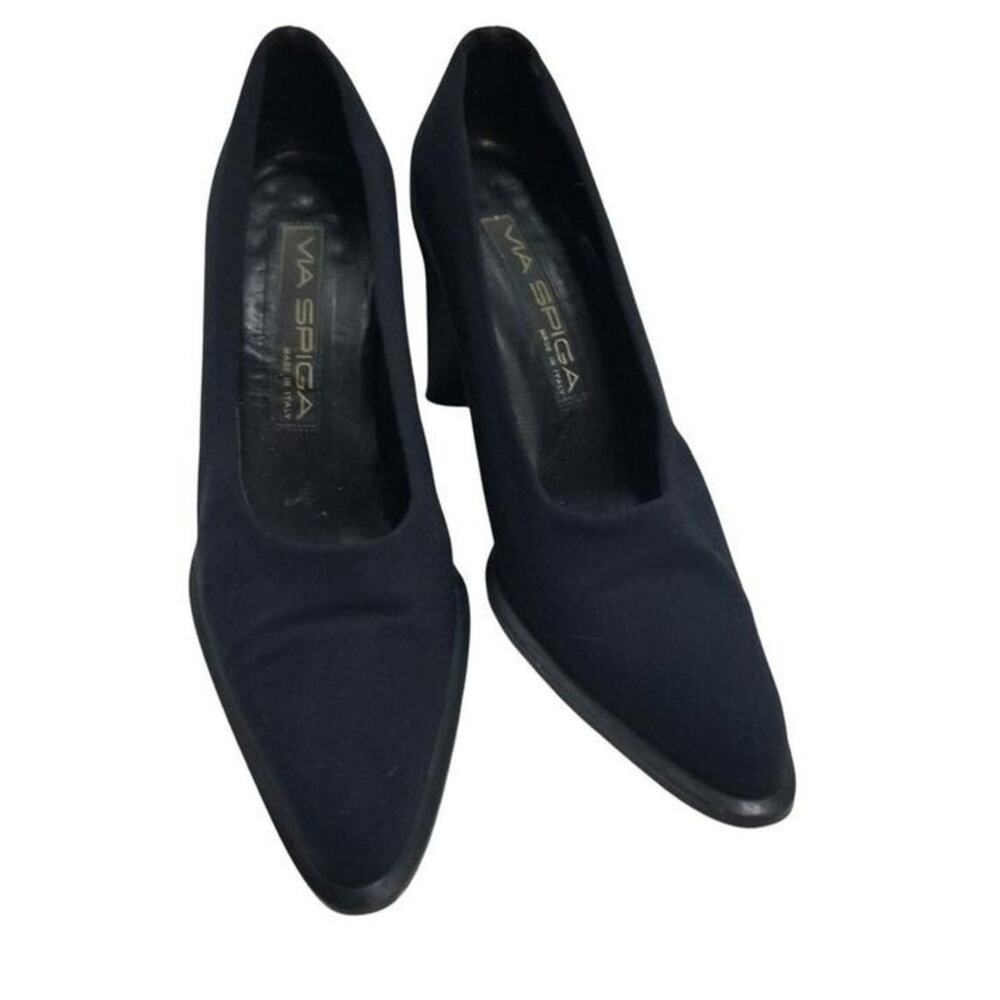 90s Via Spiga Navy Blue Chunky Heel Pointy Toe Round High Heel Vintage Size 6.5